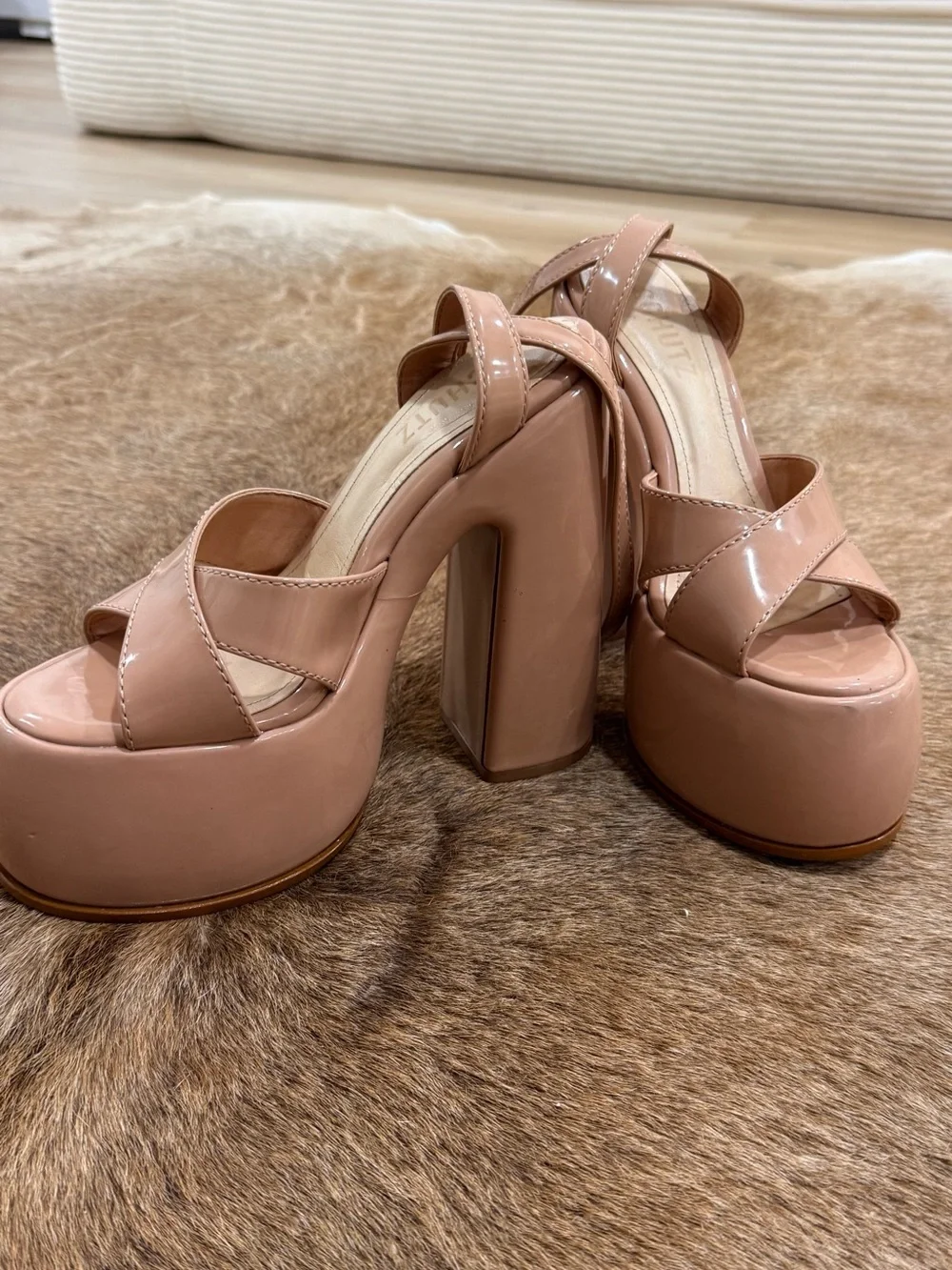 Schutz Nude Pattie Patent Leather Platform Sandals